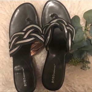 BCBG wedge Sandal slides braid twist thong silver